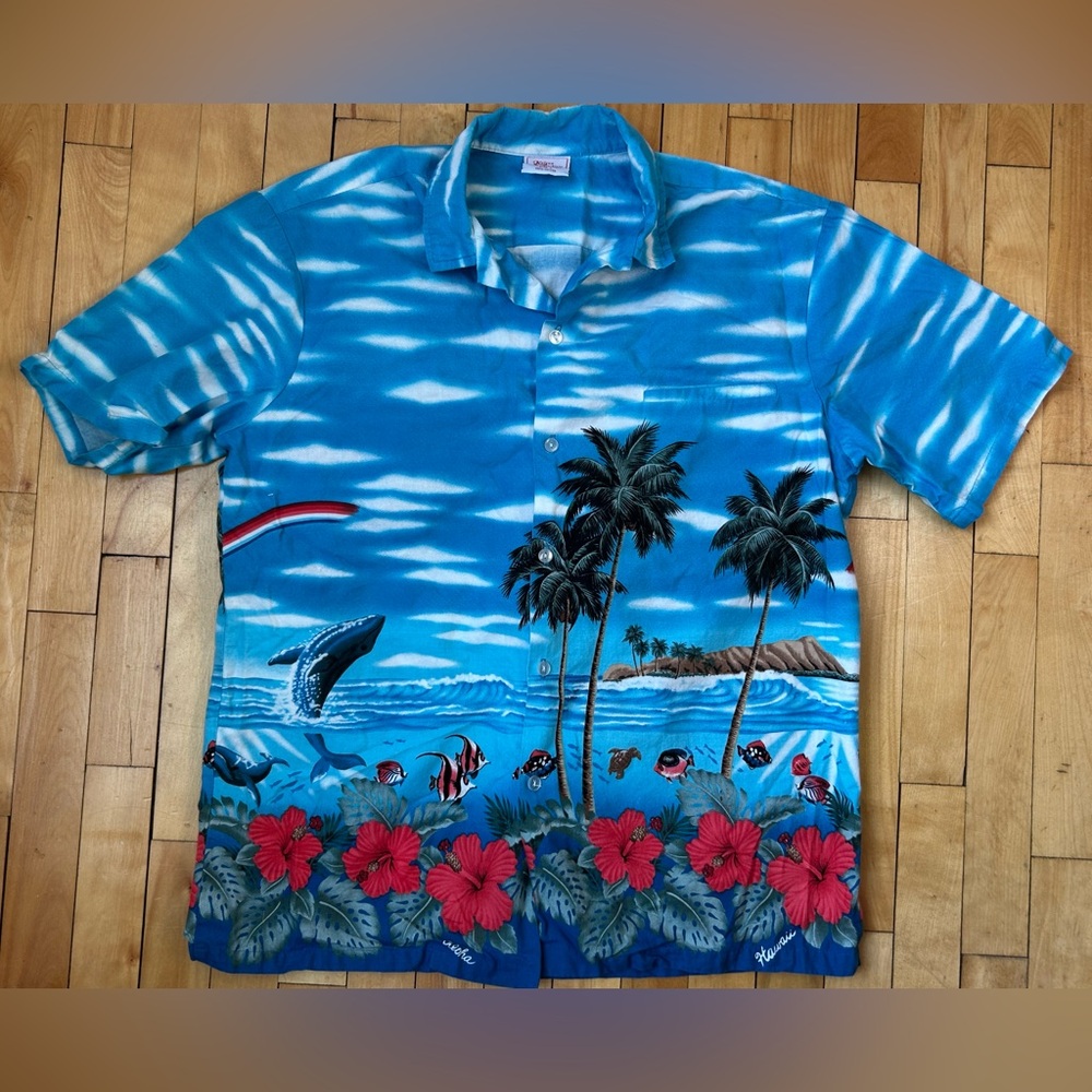 Kalena Fashions of Hawaii Shirt Blue Cotton Button Up Men’s Short Sleeve Size L